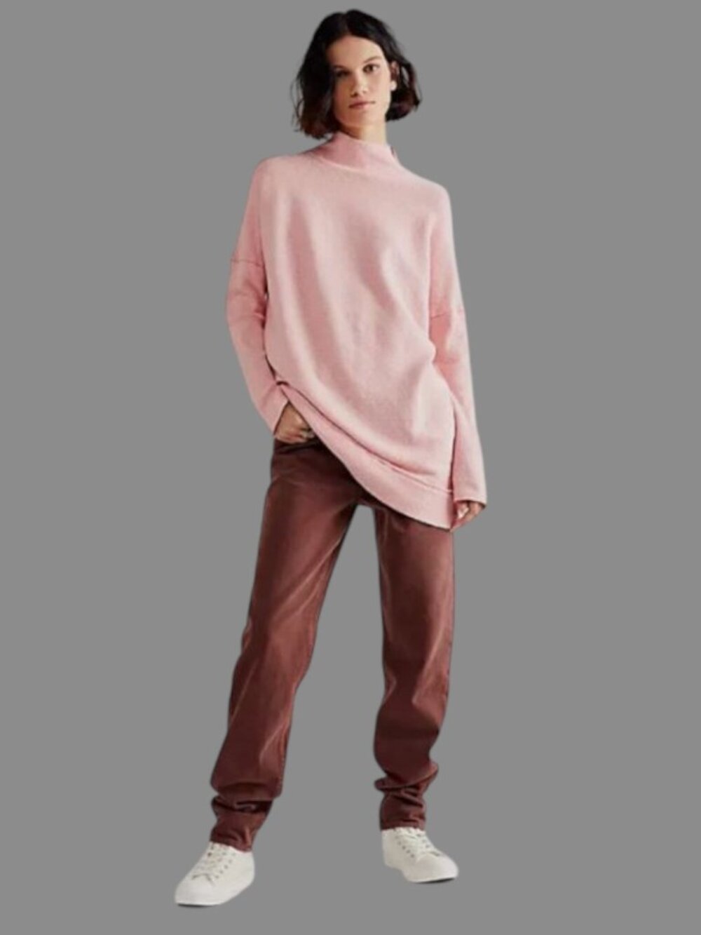 We The Free FP Ottoman Slouchy Tunic Ribbed Cotton Long Sleeve Mock Neck Pink Sm